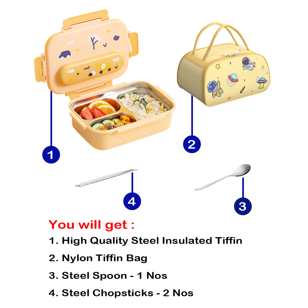 Little Surprise Box Kids Tiffin Lunch Box With Insulated Lunch Box Cover, Yellow
