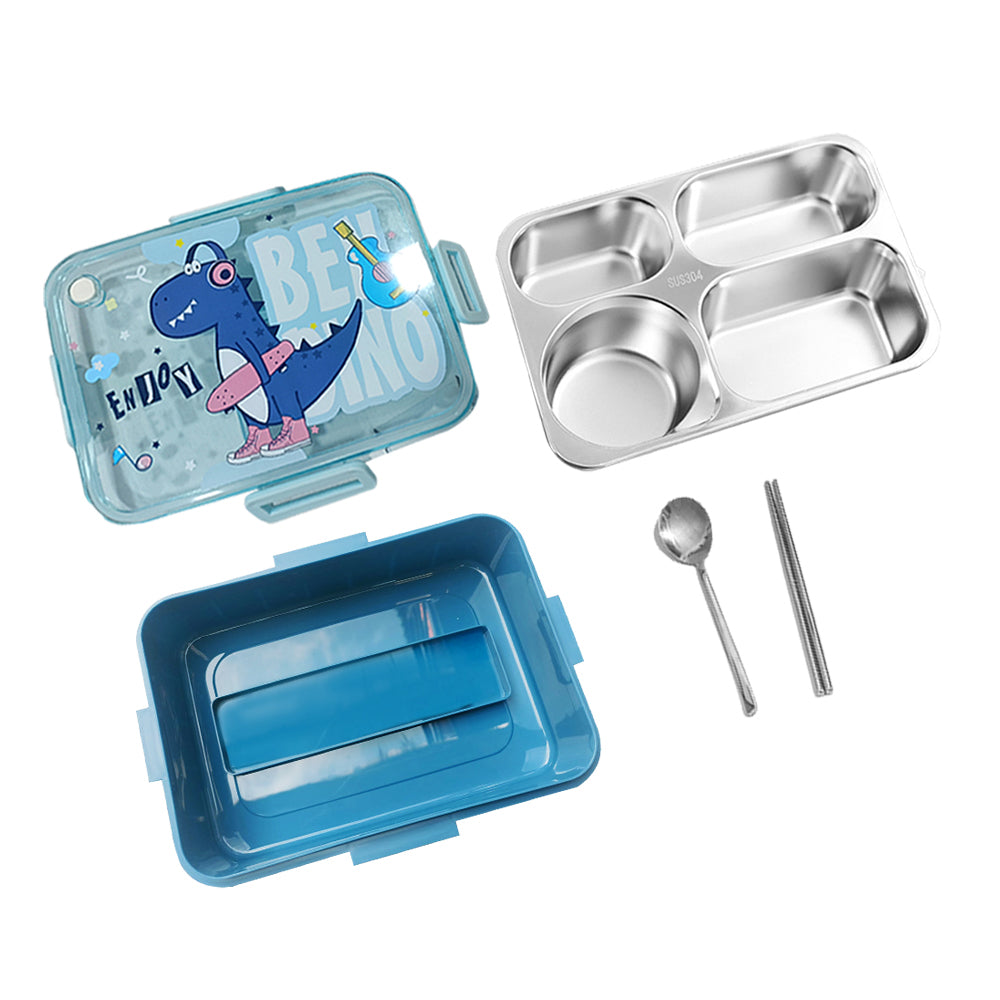 Little Surprise Box Big Size Stainless Steel Lunch Box /Tiffin For Kids And Adults, Blue Dino With Steel Spoon And Steel Chopsticks For Kids And Adults.