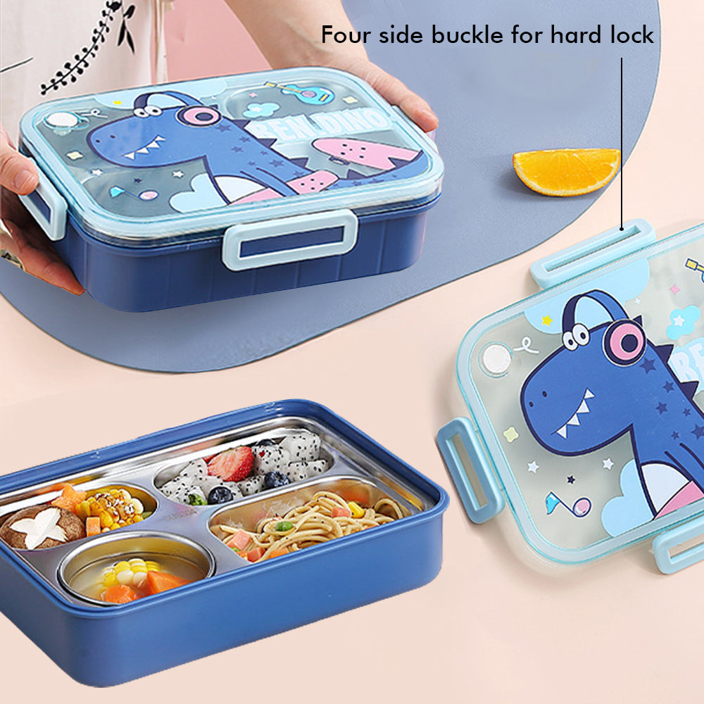 Little Surprise Box Big Size Stainless Steel Lunch Box /Tiffin For Kids And Adults, Blue Dino With Steel Spoon And Steel Chopsticks For Kids And Adults.