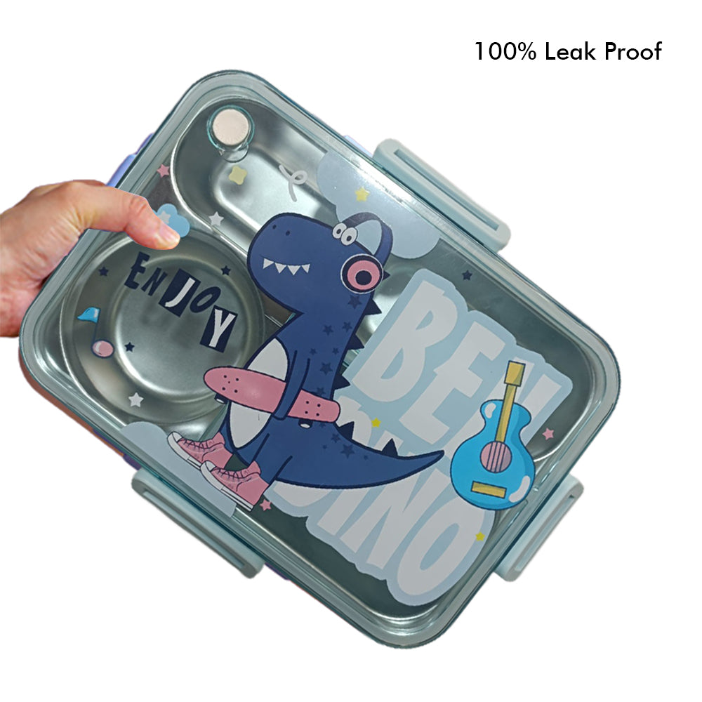 Little Surprise Box Big Size Stainless Steel Lunch Box /Tiffin For Kids And Adults, Blue Dino With Steel Spoon And Steel Chopsticks For Kids And Adults.