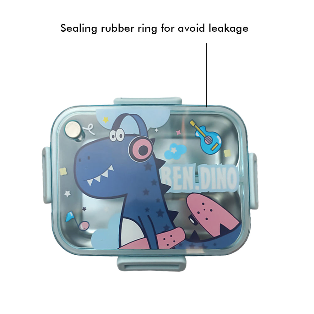 Little Surprise Box Mini Size Stainless Steel Lunch Box /Tiffin For Kids And Adults, Blue Dino With Steel Spoon And Steel Chopsticks For Kids And Adults.