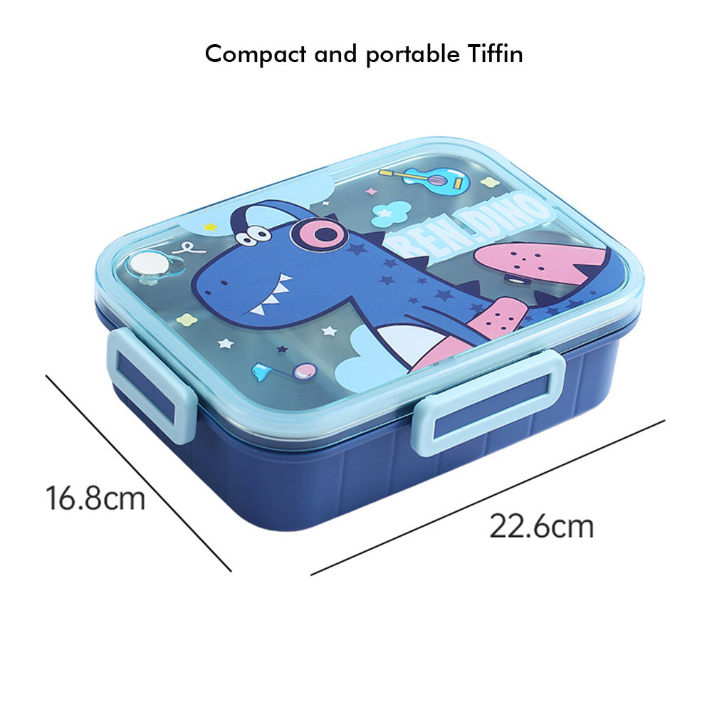 Little Surprise Box Mini Size Stainless Steel Lunch Box /Tiffin For Kids And Adults, Blue Dino With Steel Spoon And Steel Chopsticks For Kids And Adults.