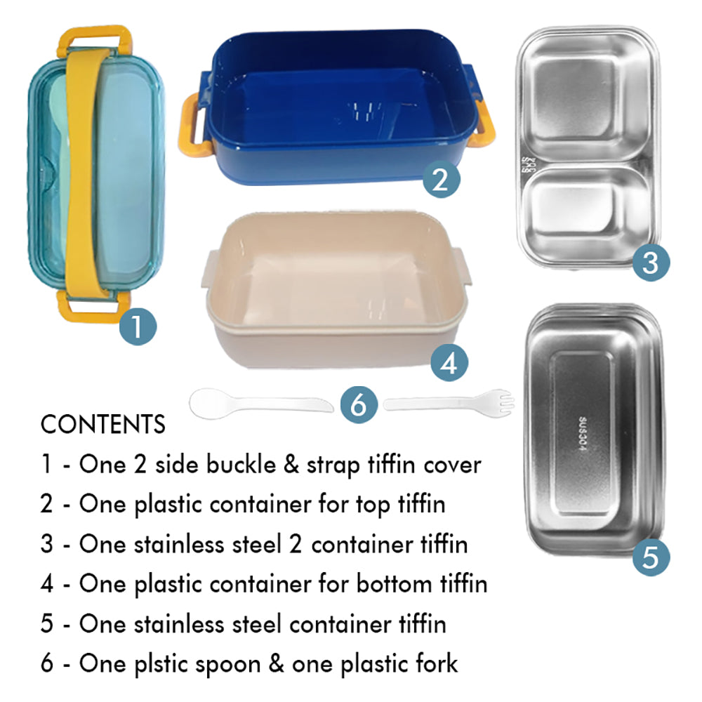 Little Surprise Box Double Storey Curvy Handle Blue & Yellow Stainless Steel Lunch /Tiffin Box For Kids.