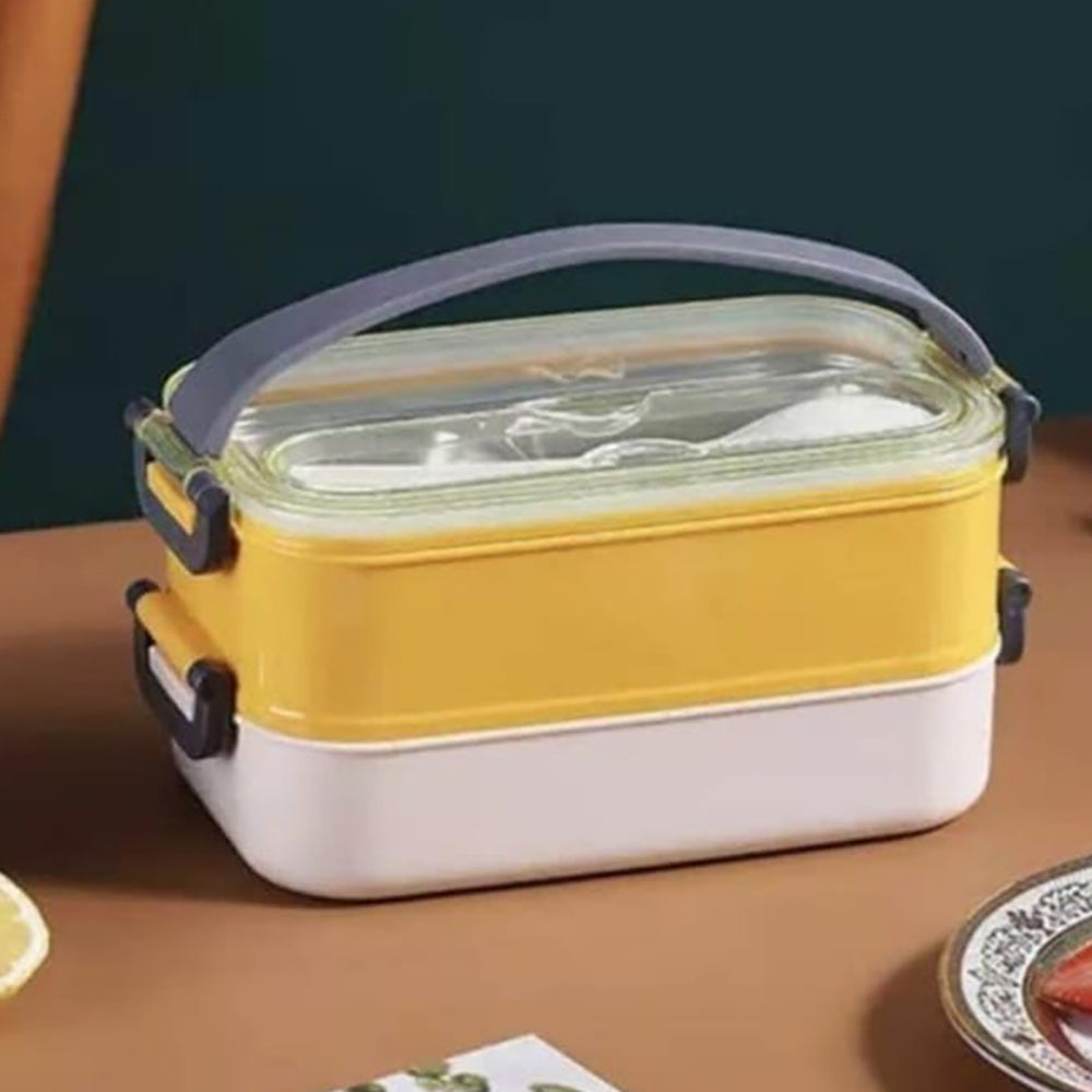 Little Surprise Box Double Storey Curvy Handle Yellow & Grey Stainless Steel Lunch /Tiffin Box For Kids.