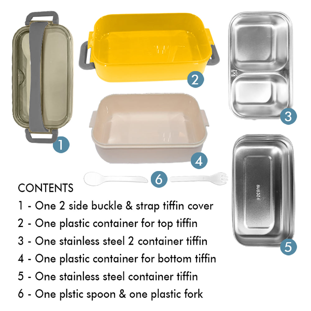 Little Surprise Box Double Storey Curvy Handle Yellow & Grey Stainless Steel Lunch /Tiffin Box For Kids.