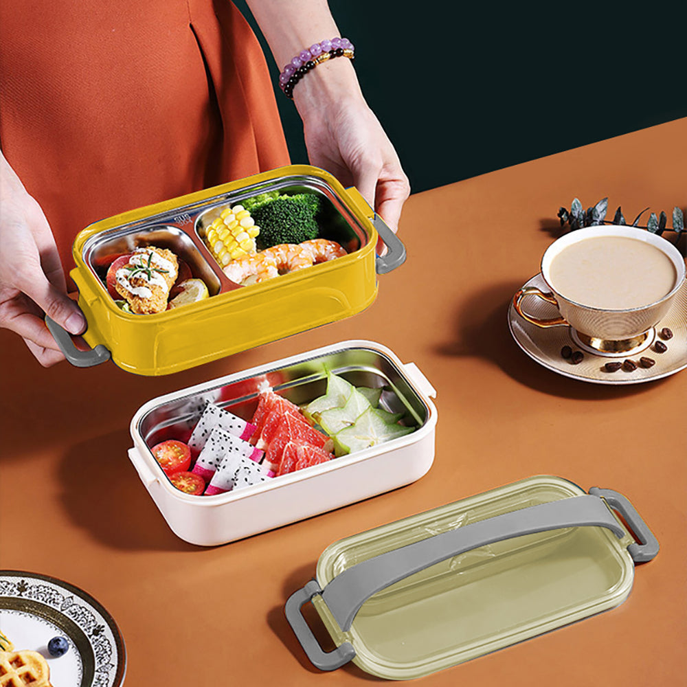 Little Surprise Box Double Storey Curvy Handle Yellow & Grey Stainless Steel Lunch /Tiffin Box For Kids.