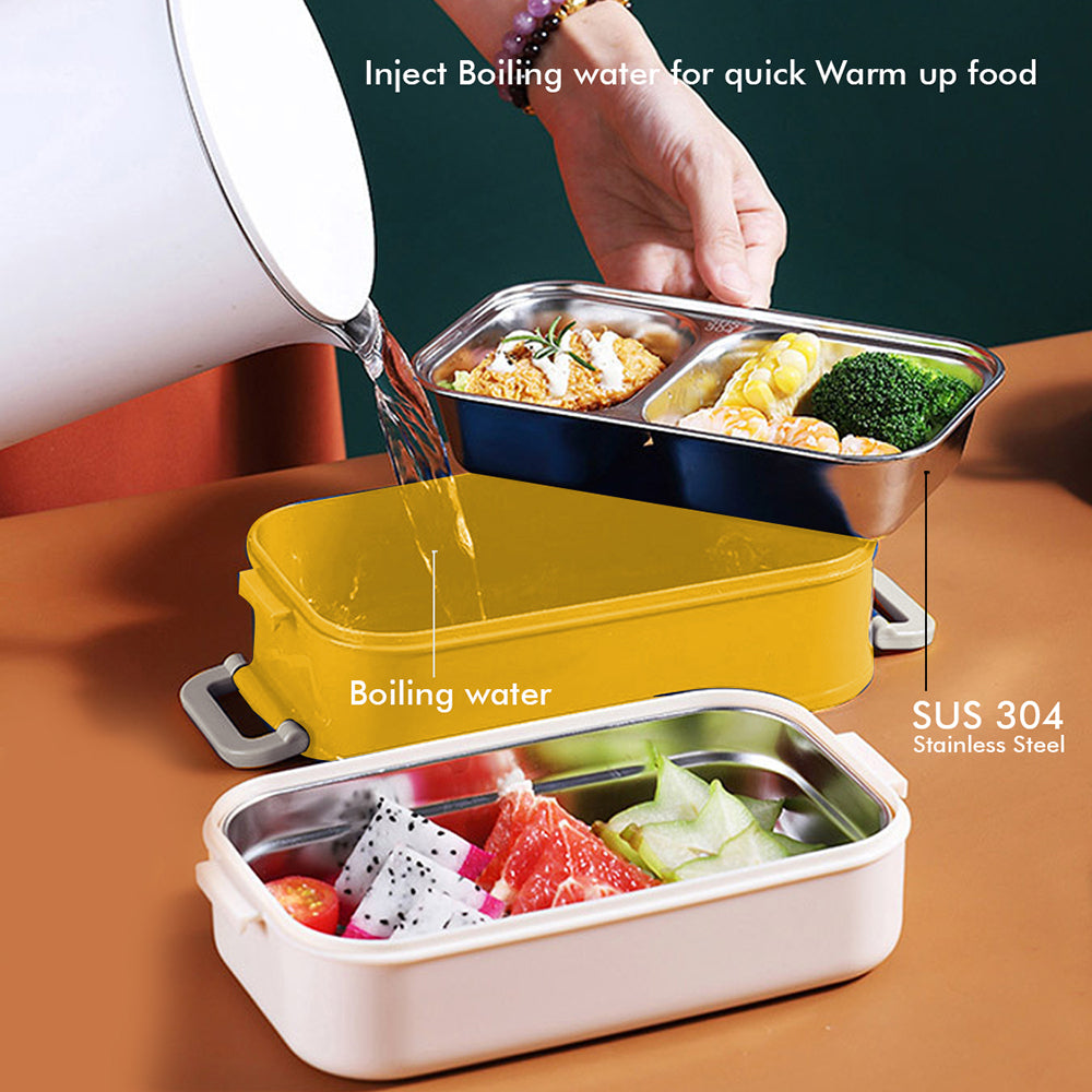 Little Surprise Box Double Storey Curvy Handle Yellow & Grey Stainless Steel Lunch /Tiffin Box For Kids.