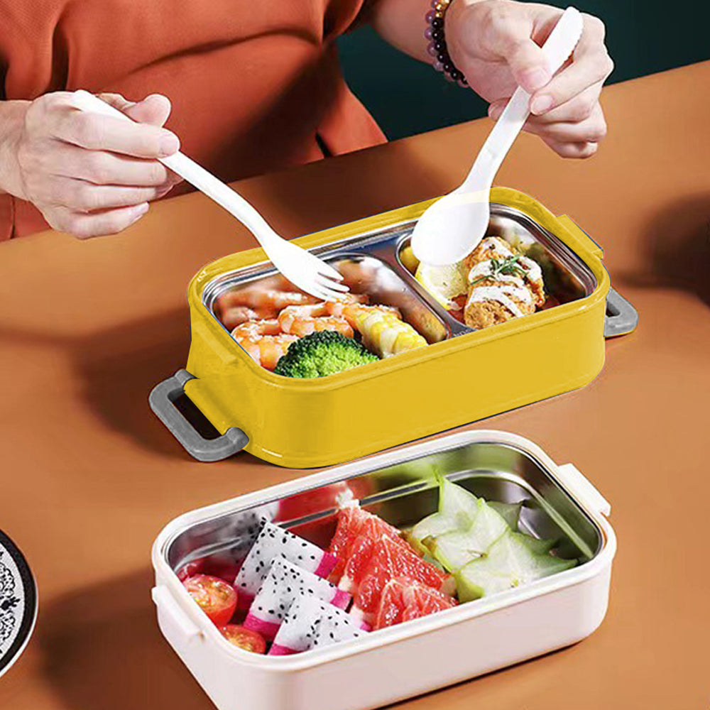 Little Surprise Box Double Storey Curvy Handle Yellow & Grey Stainless Steel Lunch /Tiffin Box For Kids.
