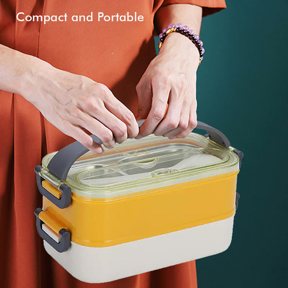 Little Surprise Box Double Storey Curvy Handle Yellow & Grey Stainless Steel Lunch /Tiffin Box For Kids.