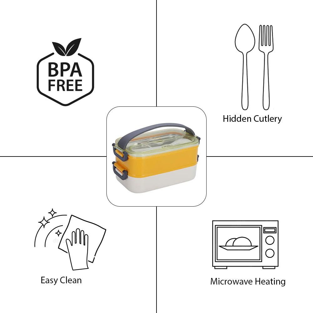 Little Surprise Box Double Storey Curvy Handle Yellow & Grey Stainless Steel Lunch /Tiffin Box For Kids.
