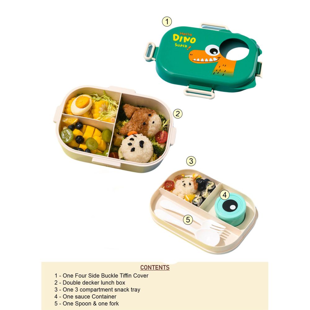 Green Big Eye Dino 2 Decker Lunch Box for Kids