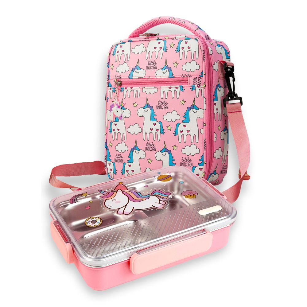 Pink Party Hat Unicorn Big Size Stainless Steel Kids Lunch Box/Tiffin with matching Lunch Bag