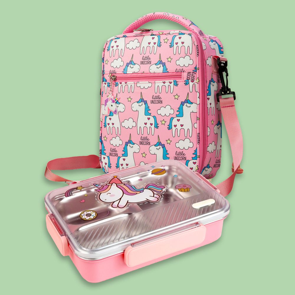 Pink Party Hat Unicorn Big Size Stainless Steel Kids Lunch Box/Tiffin with matching Lunch Bag