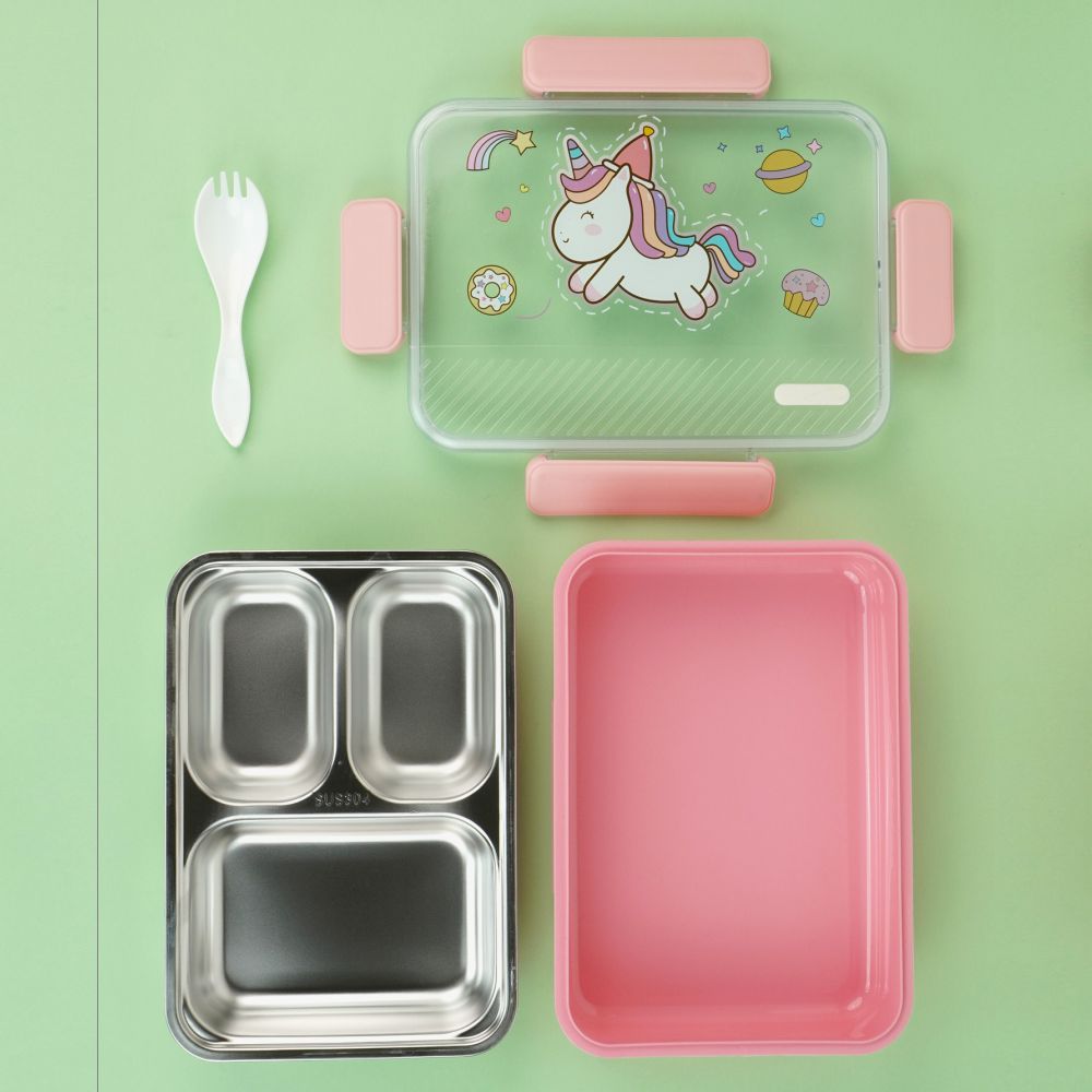 Pink Party Hat Unicorn Big Size Stainless Steel Kids Lunch Box/Tiffin with matching Lunch Bag