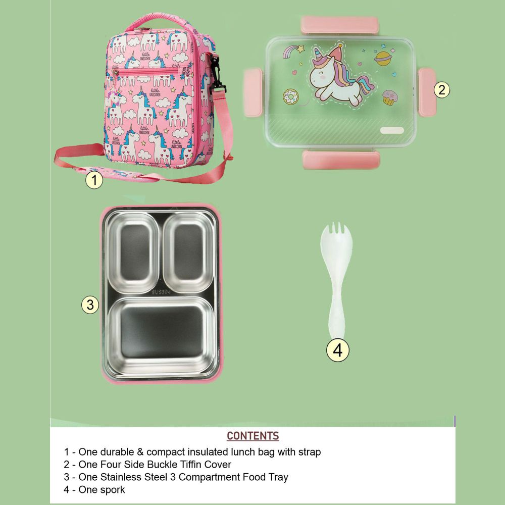 Pink Party Hat Unicorn Big Size Stainless Steel Kids Lunch Box/Tiffin with matching Lunch Bag