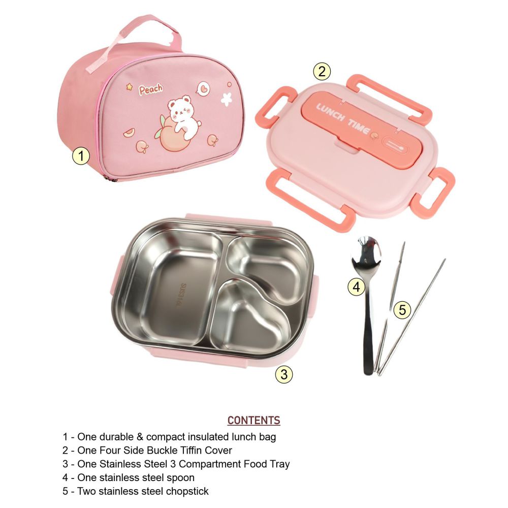 Pink Lunch Time 2 pcs Stainless Steel Kids Lunch Box with matching Lunch Bag