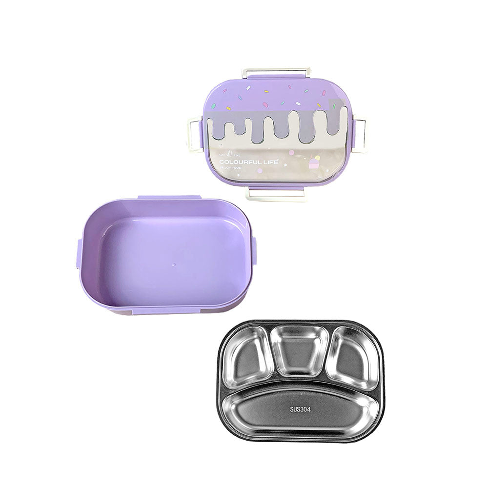 Little Surprise Box Purple Icecream Drip Big Size Stainless Steel Lunch Box with for Kids & Adults, 1300ml