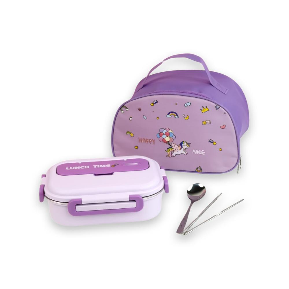 Purple Lunch Time 2 pcs Stainless Steel Kids Lunch Box with matching Lunch Bag