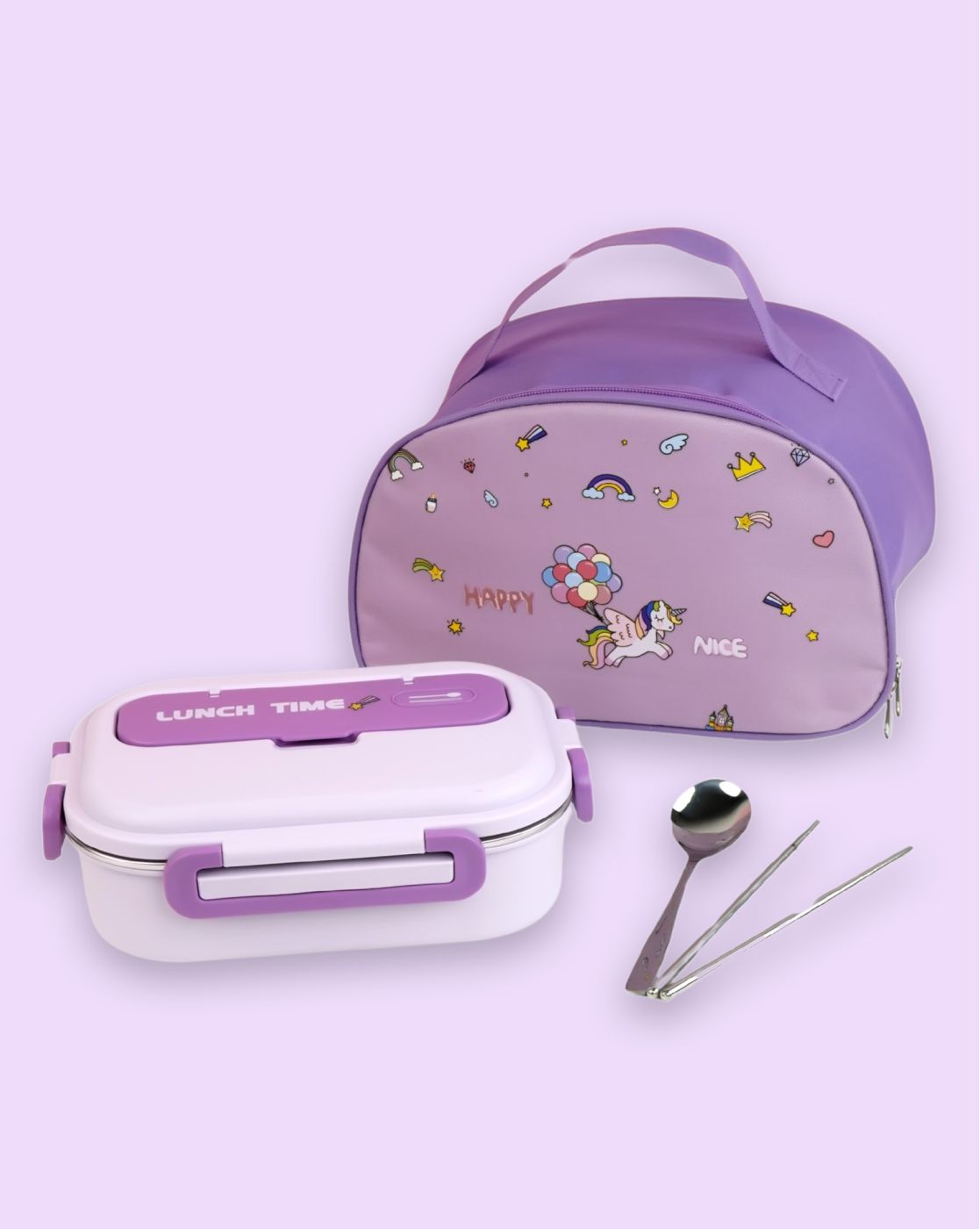 Purple Lunch Time 2 pcs Stainless Steel Kids Lunch Box with matching Lunch Bag