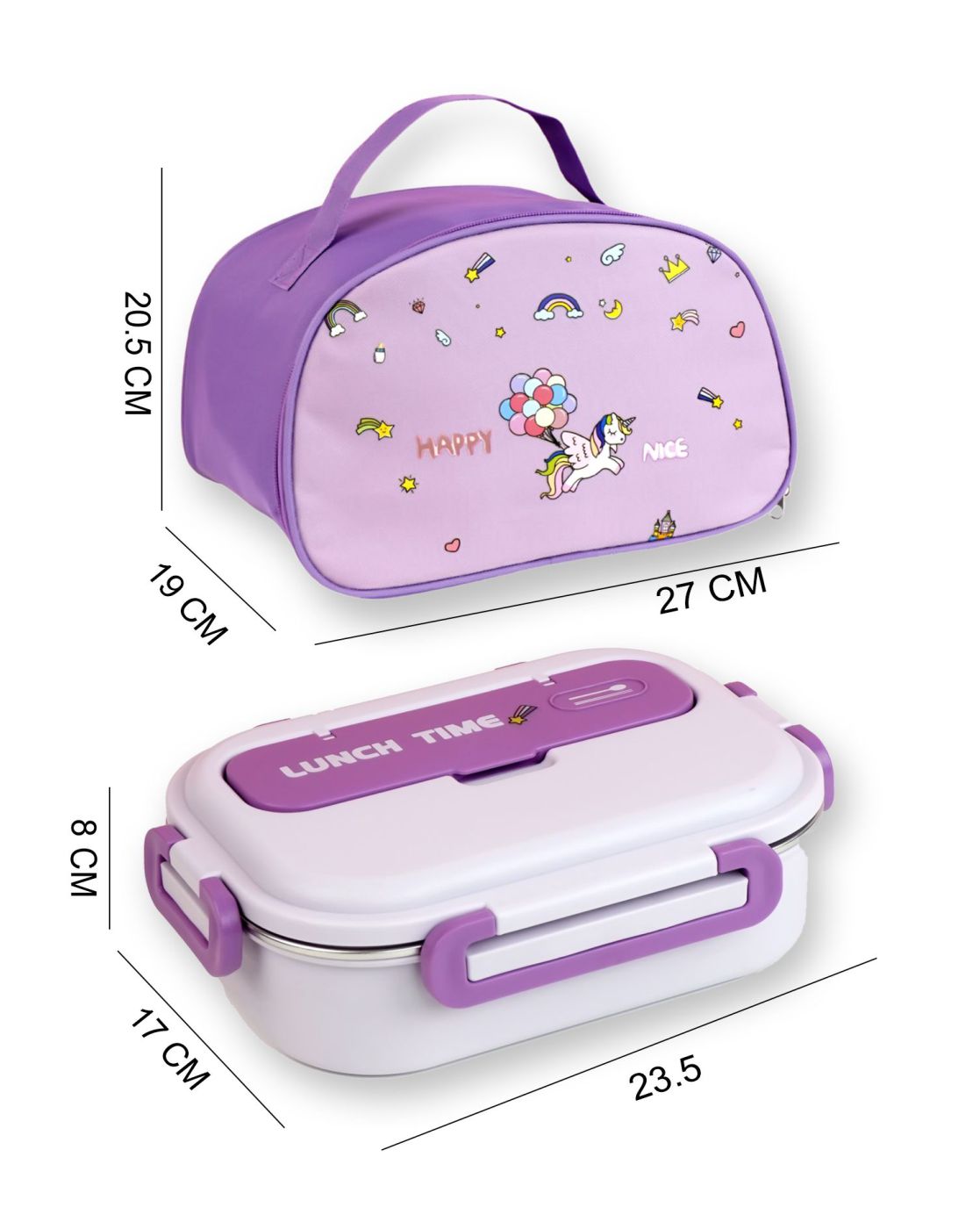 Purple Lunch Time 2 pcs Stainless Steel Kids Lunch Box with matching Lunch Bag
