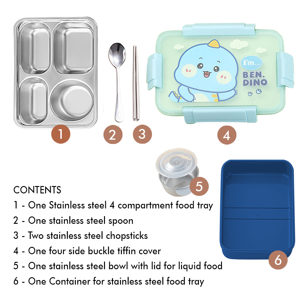 Little Surprise Box Big Size , Blue Dino theme Transparent Lid Double Lock Stainless Steel Kids Lunch /Tiffin Box.