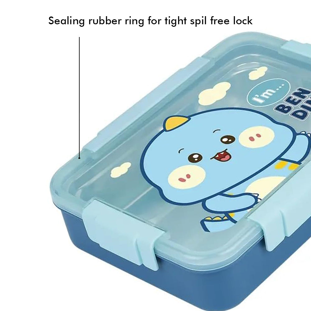 Little Surprise Box Big Size , Blue Dino theme Transparent Lid Double Lock Stainless Steel Kids Lunch /Tiffin Box.