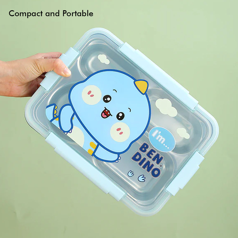 Little Surprise Box Big Size , Blue Dino theme Transparent Lid Double Lock Stainless Steel Kids Lunch /Tiffin Box.