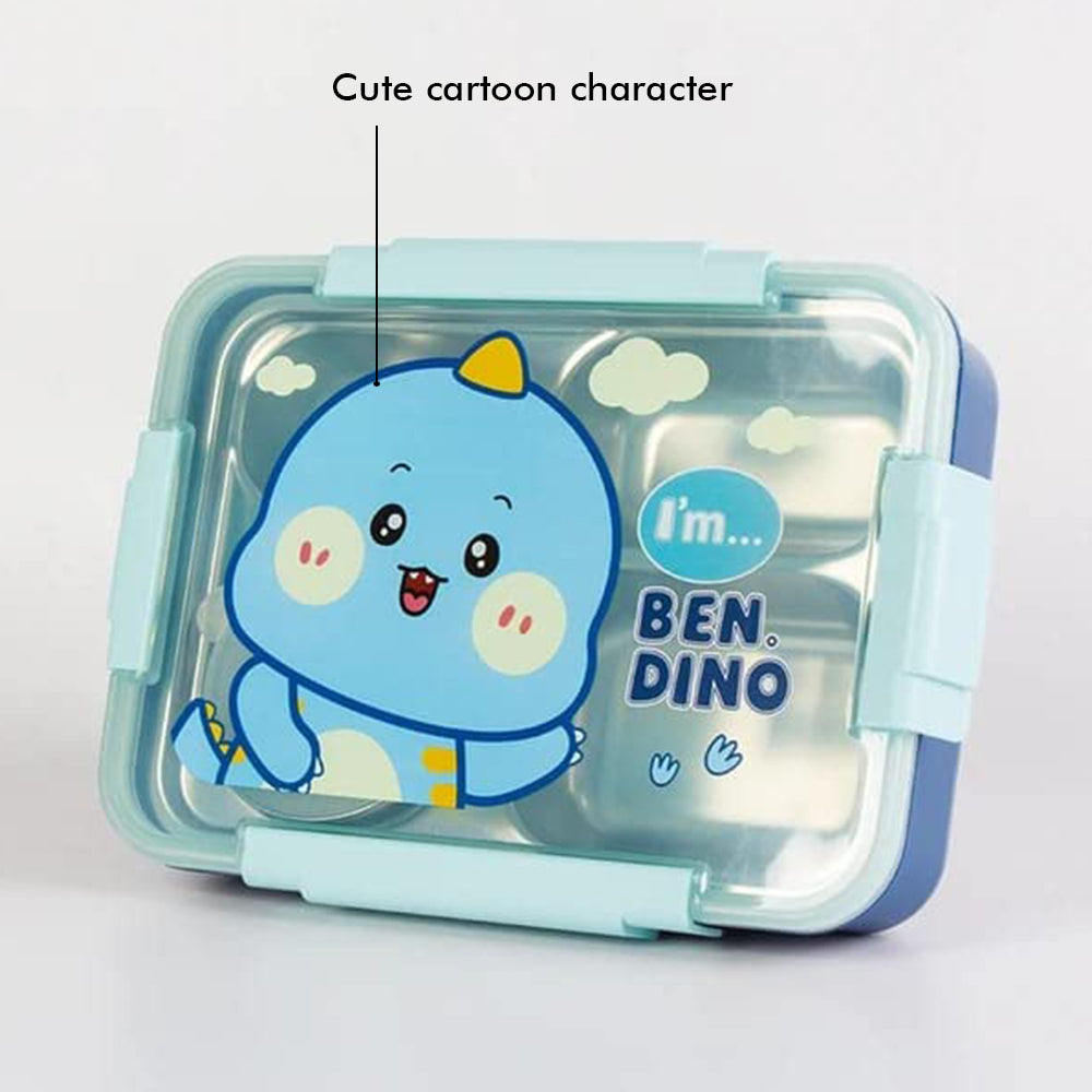 Little Surprise Box Big Size , Blue Dino theme Transparent Lid Double Lock Stainless Steel Kids Lunch /Tiffin Box.