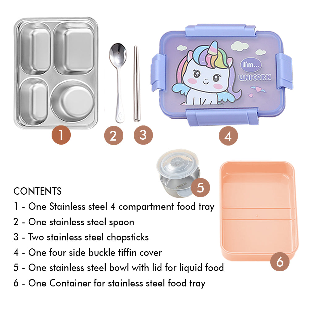 Little Surprise Box Big Size Purple Uni Theme Transparent Lid Double Lock Stainless Steel Kids Lunch /Tiffin Box.