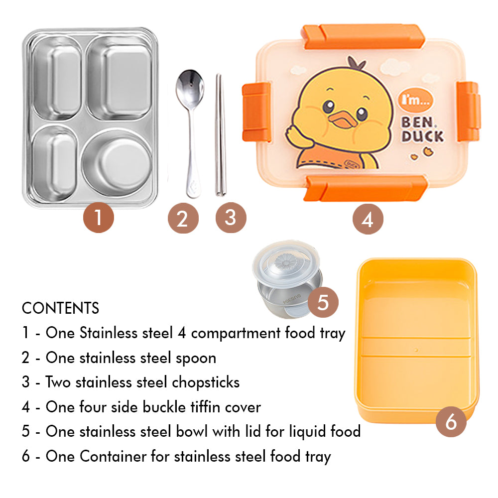 Little Surprise Box Big Size, Yellow Duck, Theme Transparent Lid Double Lock Stainless Steel Kids Lunch /Tiffin Box.
