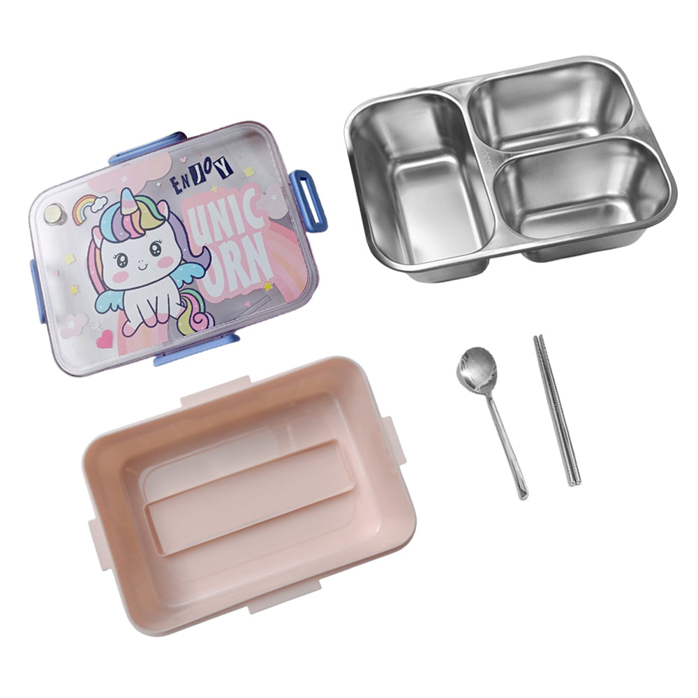 Little Surprise Box Mini Size Stainless Steel Lunch Box /Tiffin For Kids And Adults, Pink Uni With Steel Spoon And Steel Chopsticks For Kids And Adults.