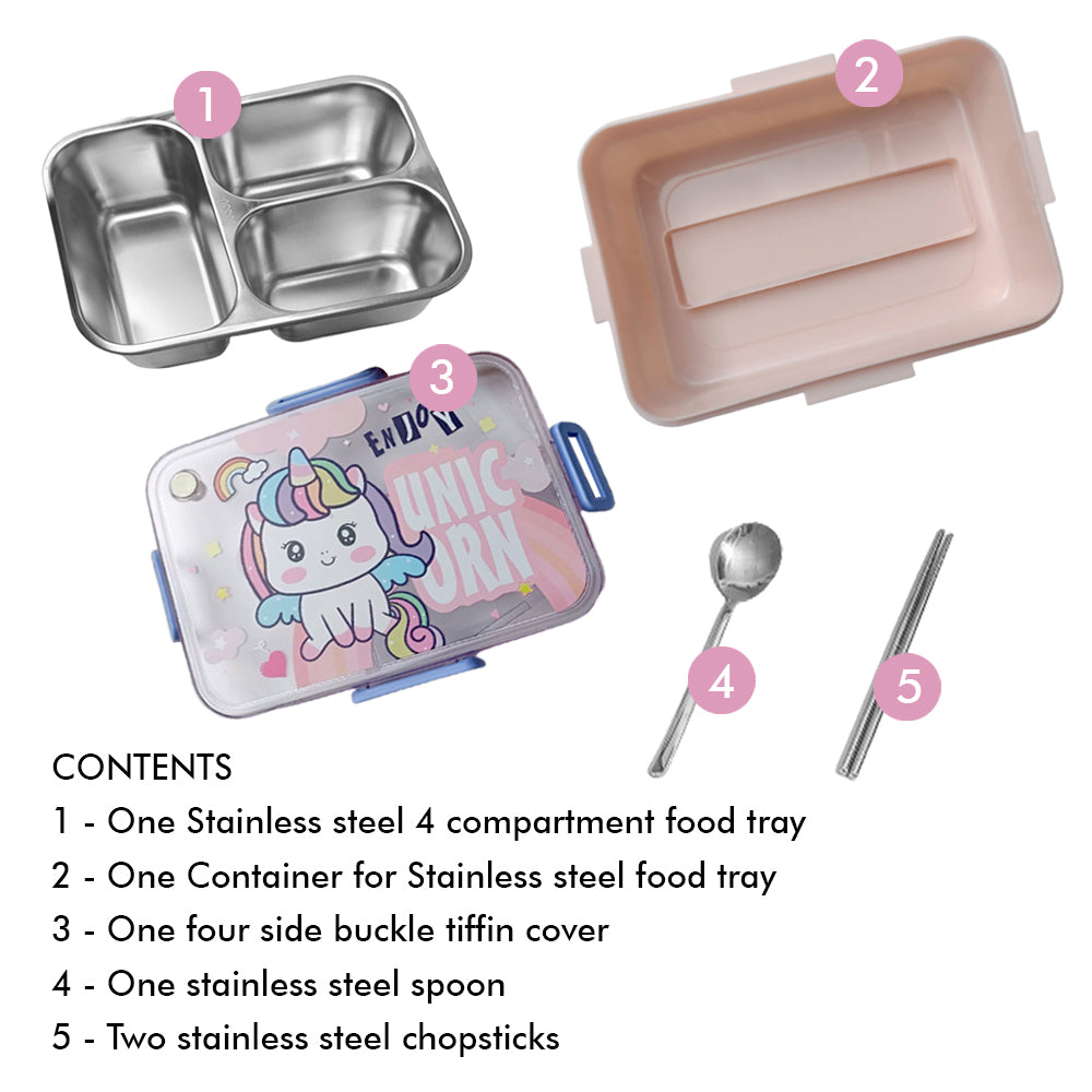 Little Surprise Box Mini Size Stainless Steel Lunch Box /Tiffin For Kids And Adults, Pink Uni With Steel Spoon And Steel Chopsticks For Kids And Adults.