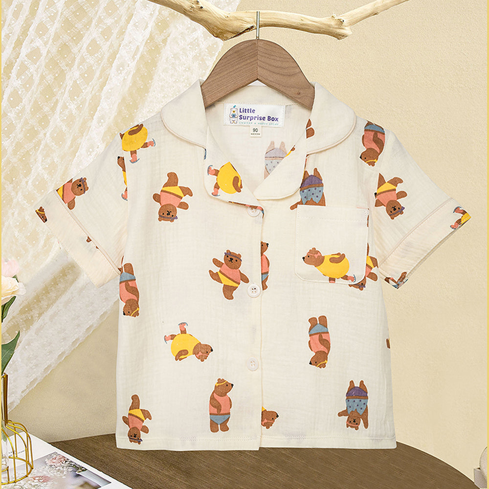 Little Surprise Box Dancing Bear Print Soft Mulsin Organic Cotton Kids Nightsuit
