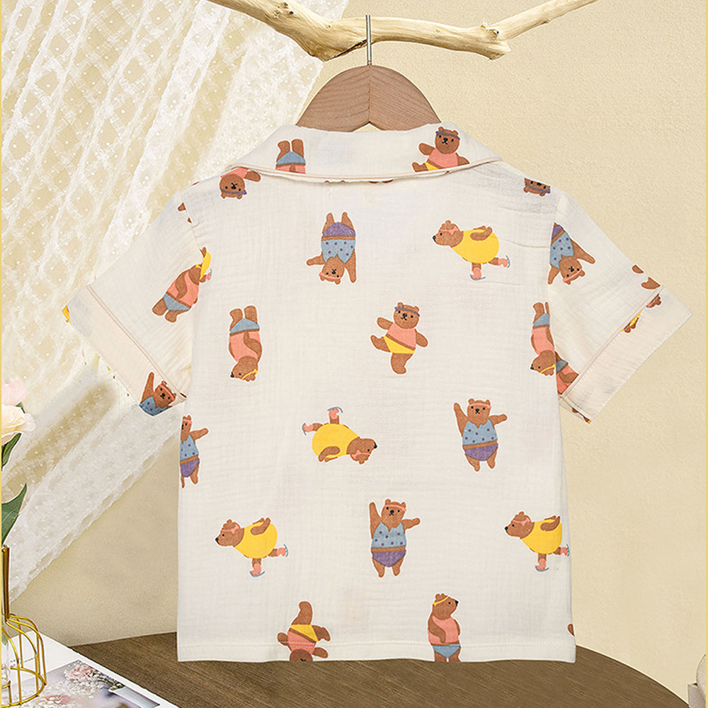 Little Surprise Box Dancing Bear Print Soft Mulsin Organic Cotton Kids Nightsuit
