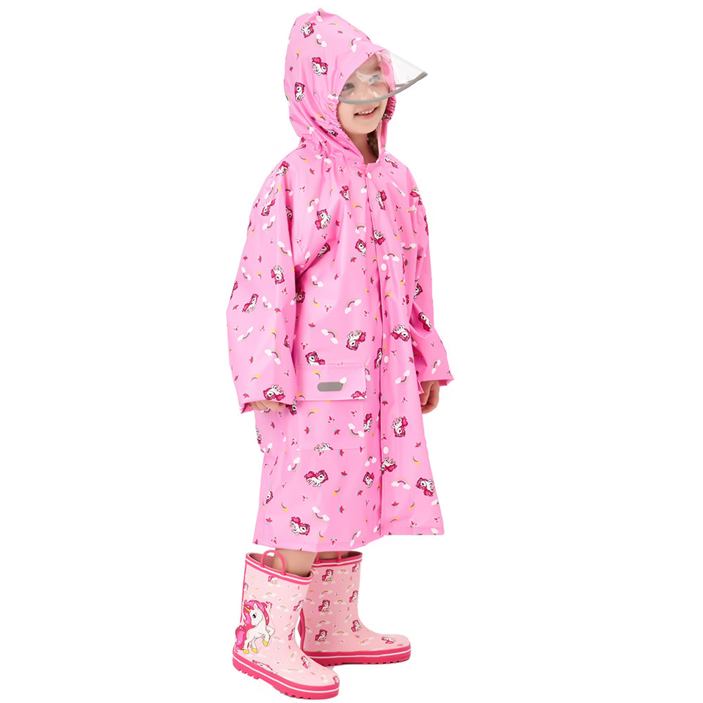 Little Surprise Box, Pink All Over Unicorn Knee Length Raincoat for Kids
