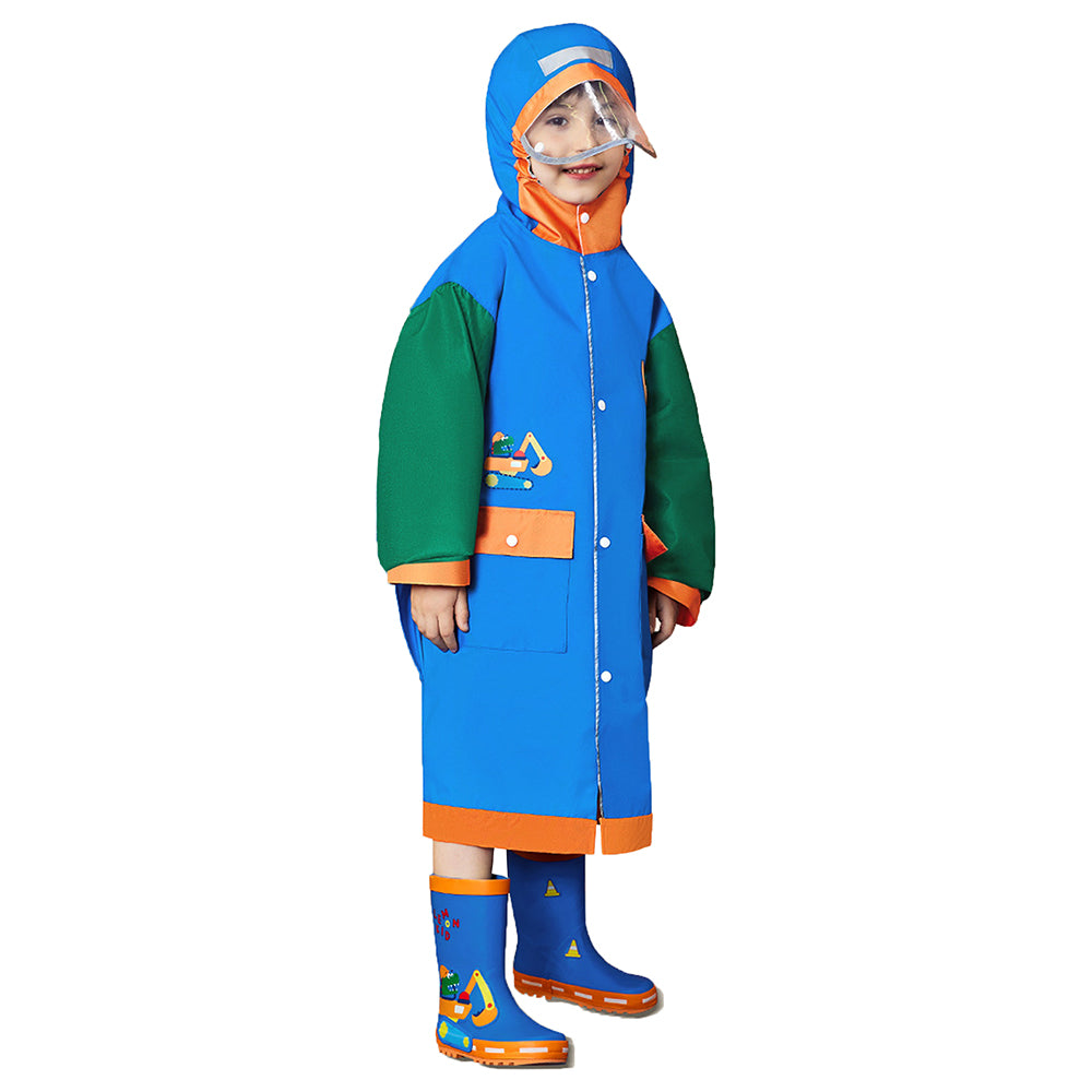 Little Surprise Box, Blue Green Sleeve Dino Digger Knee Length Raincoat For Kids