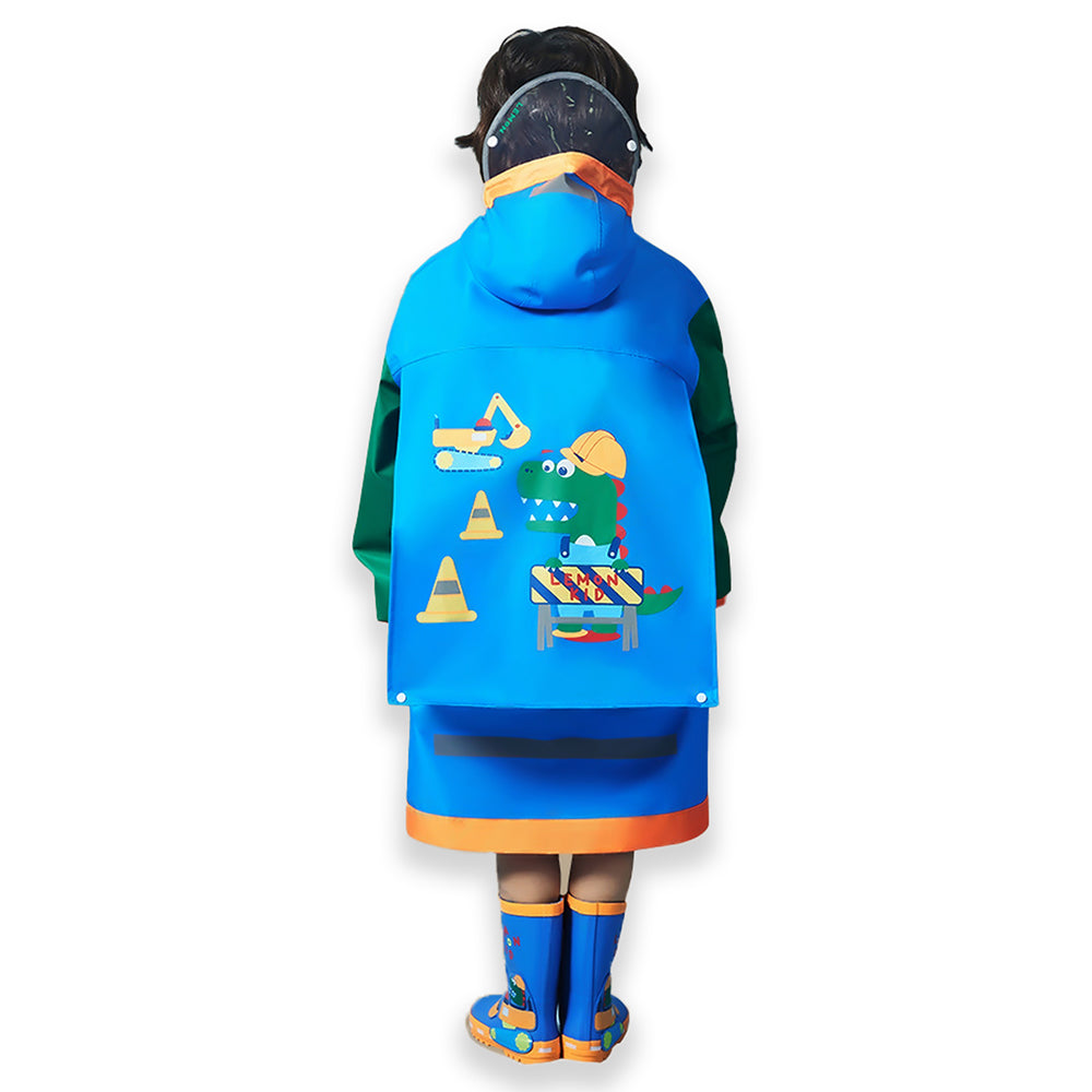 Little Surprise Box, Blue Green Sleeve Dino Digger Knee Length Raincoat For Kids