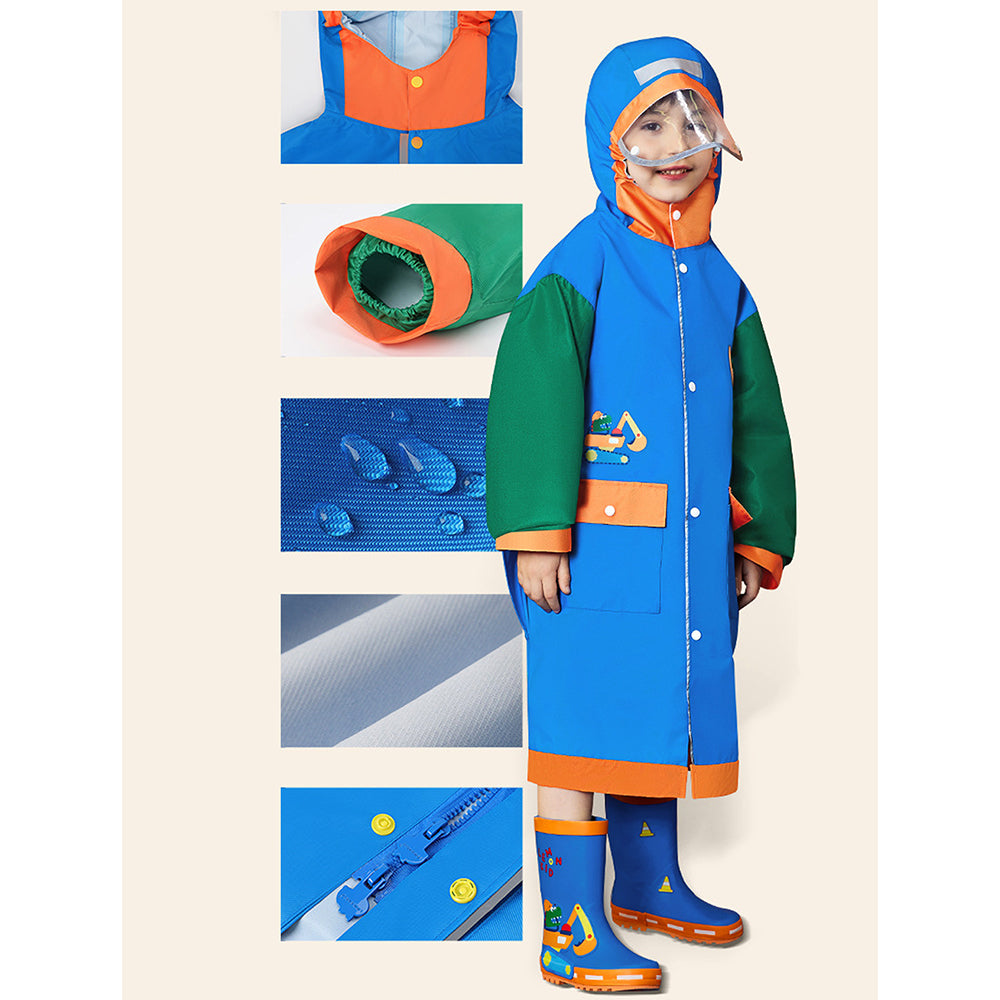 Little Surprise Box, Blue Green Sleeve Dino Digger Knee Length Raincoat For Kids