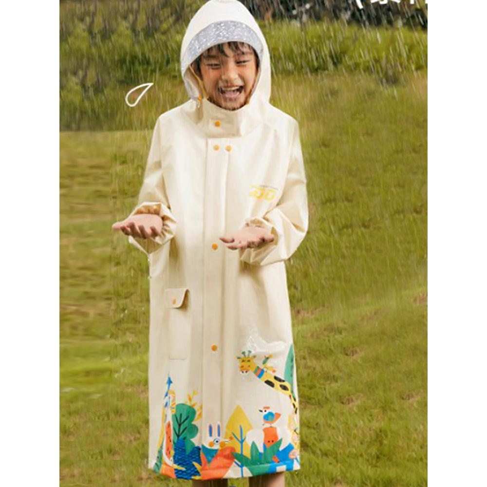Little Surprise Box, Cream Animal Print Knee Length Raincoat for Kids & Teens