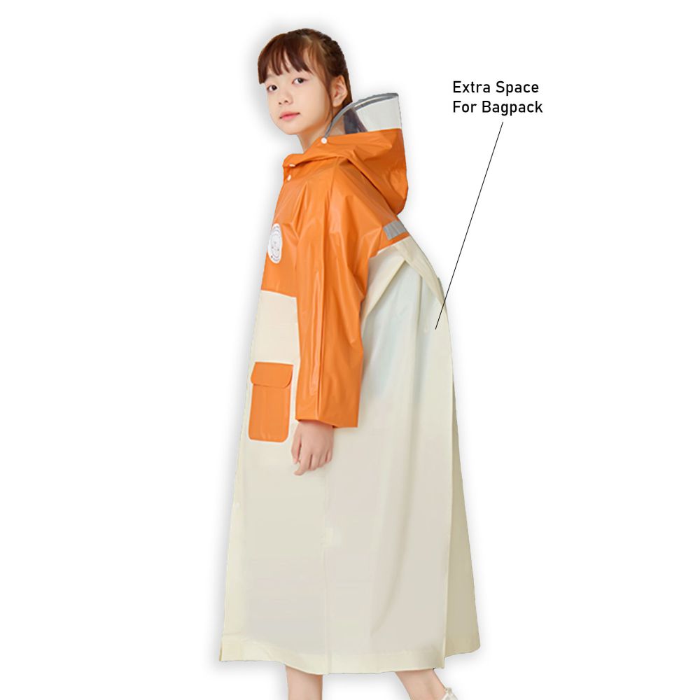 Orange & Cream Dual Color Long Style Raincoat For Kids