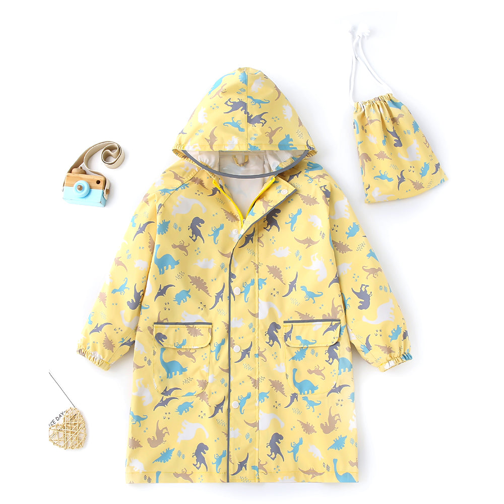 Little Surpise Box, Pastel Yellow Dino All Over Print Knee Length Raincoat For Kids