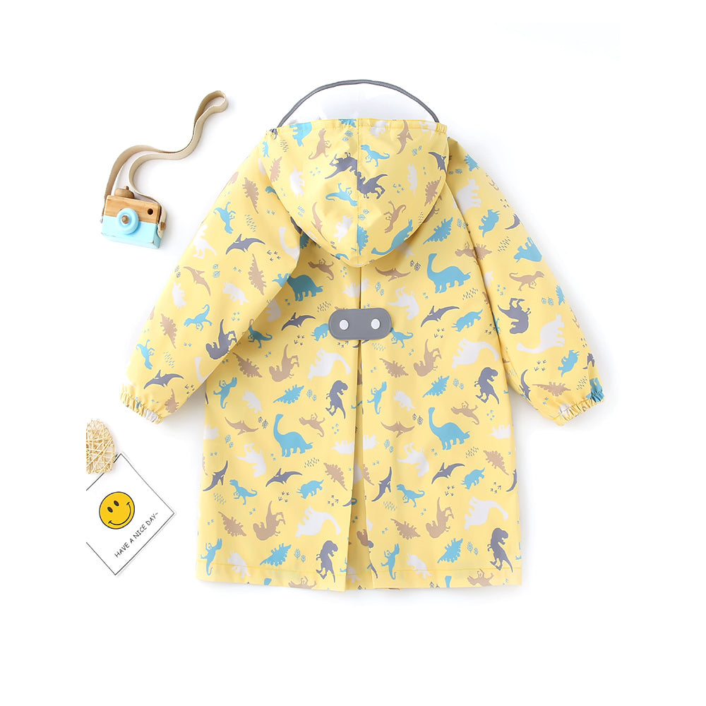 Little Surpise Box, Pastel Yellow Dino All Over Print Knee Length Raincoat For Kids