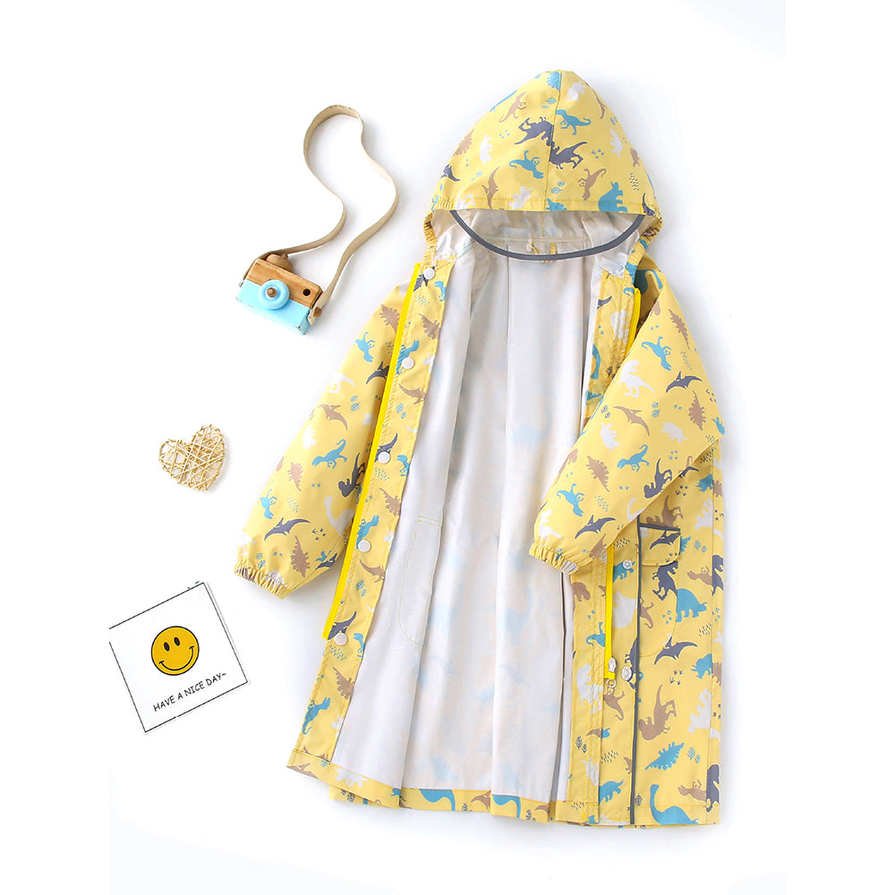 Little Surpise Box, Pastel Yellow Dino All Over Print Knee Length Raincoat For Kids