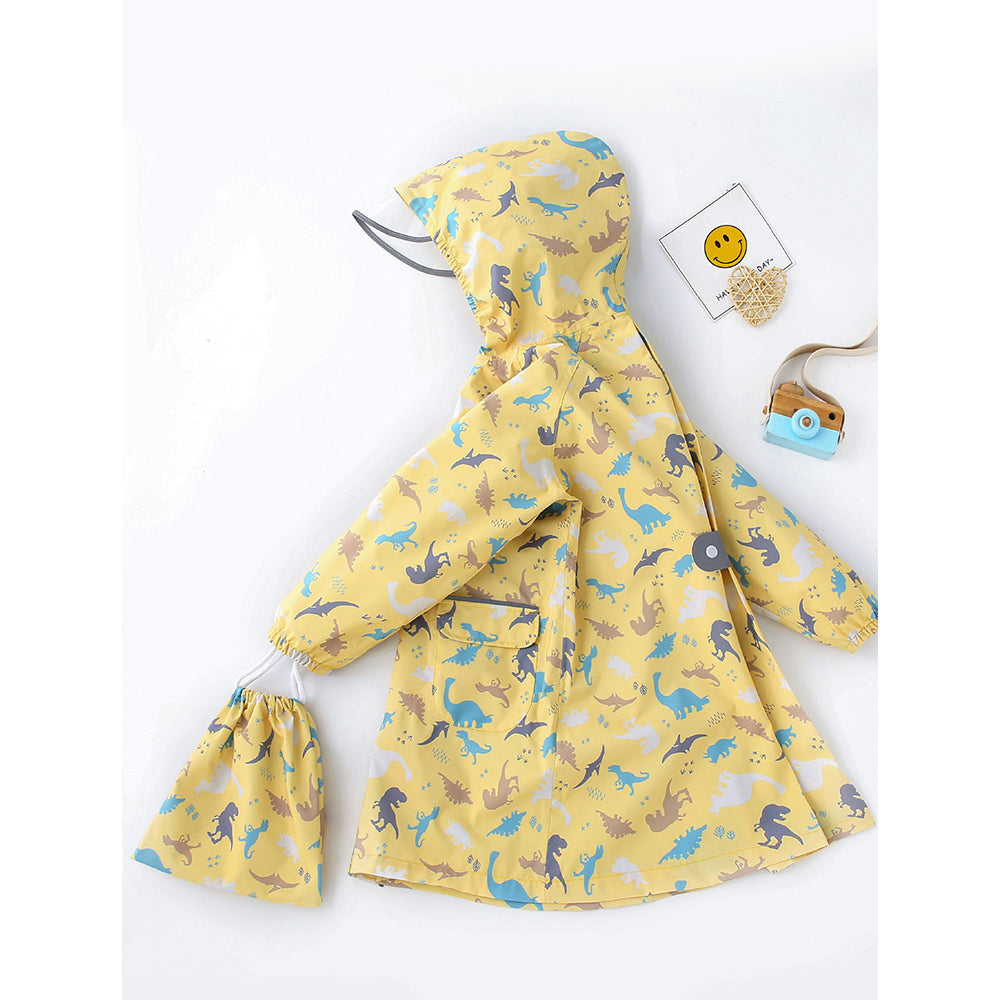 Little Surpise Box, Pastel Yellow Dino All Over Print Knee Length Raincoat For Kids