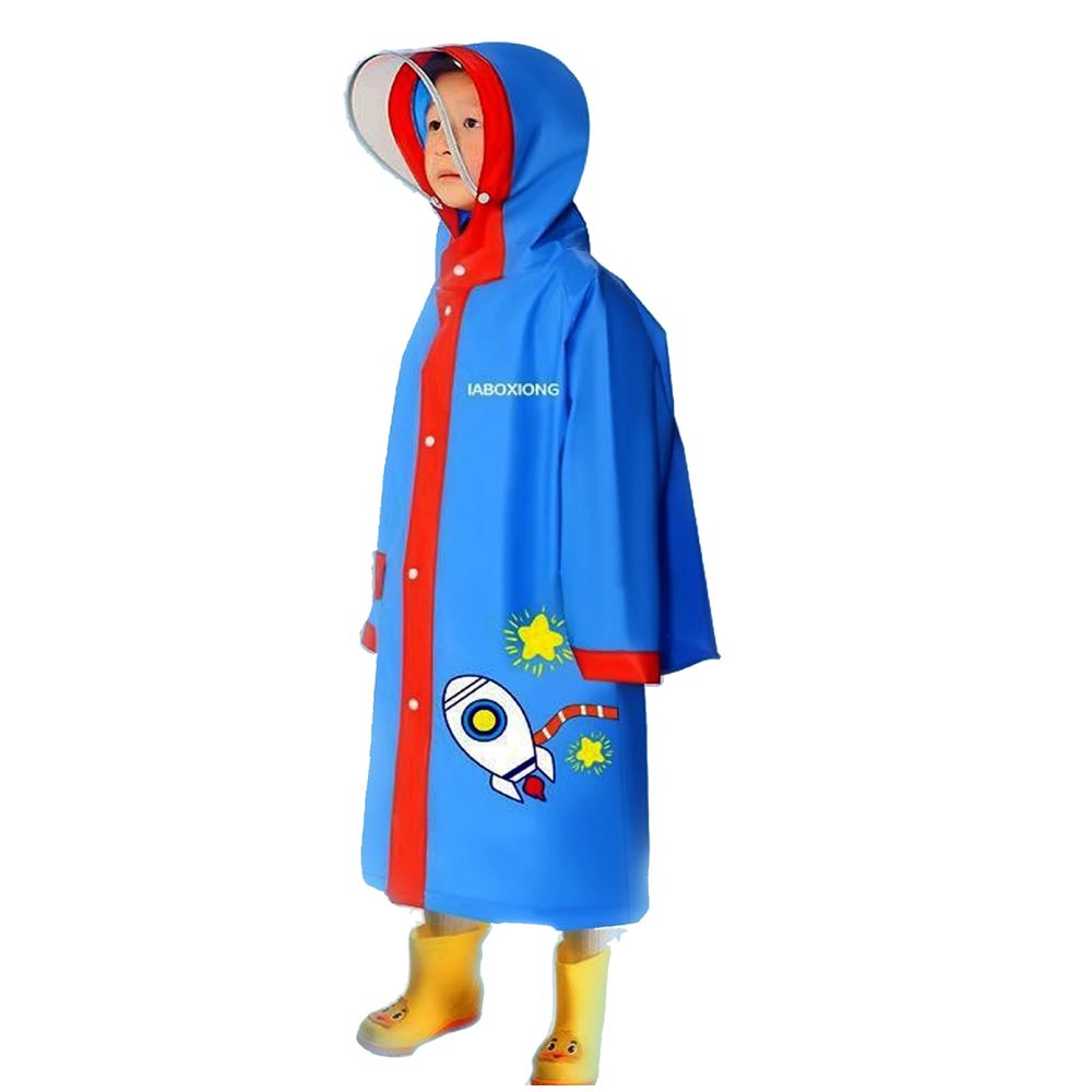 Red Bordered Cobalt Blue Space Theme Long Style Raincoat for Kids