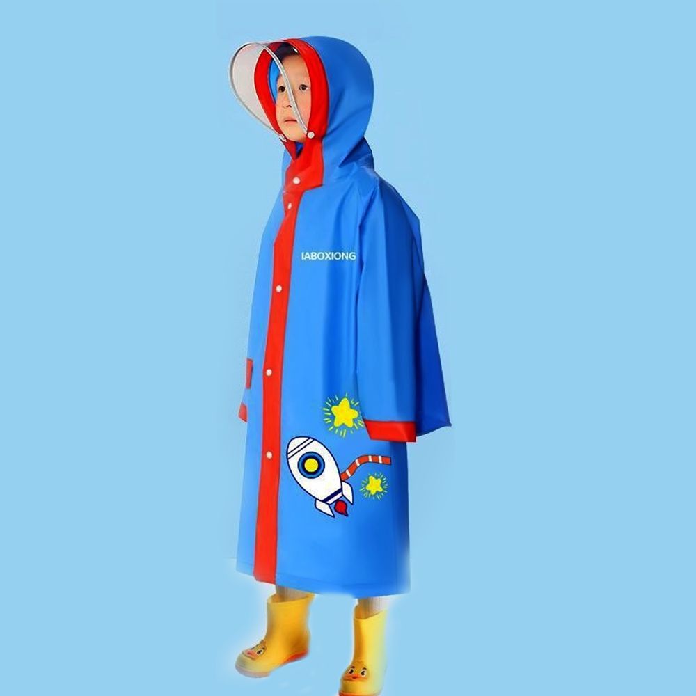 Red Bordered Cobalt Blue Space Theme Long Style Raincoat for Kids