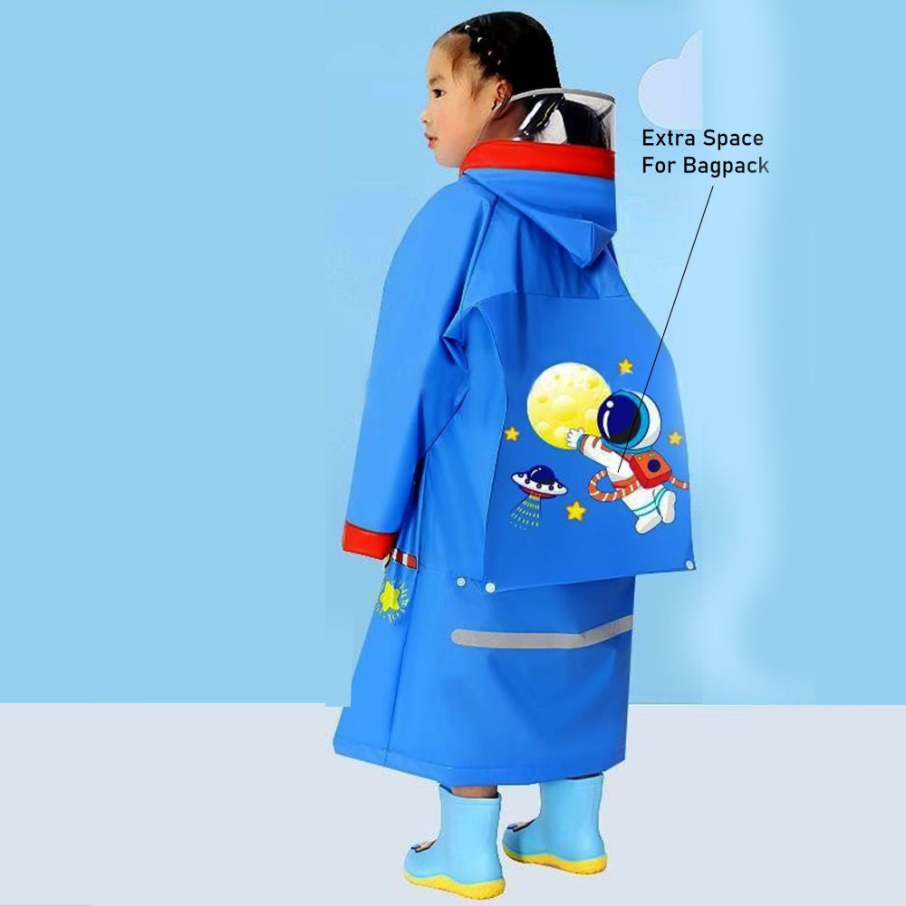Red Bordered Cobalt Blue Space Theme Long Style Raincoat for Kids