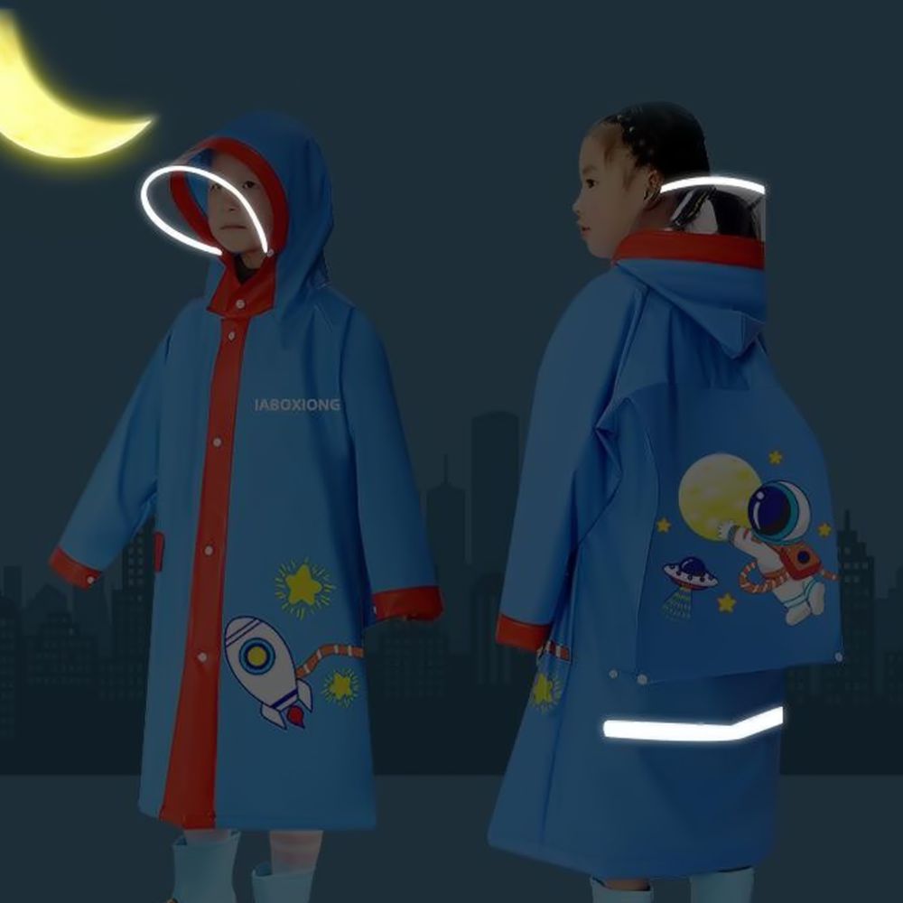 Red Bordered Cobalt Blue Space Theme Long Style Raincoat for Kids
