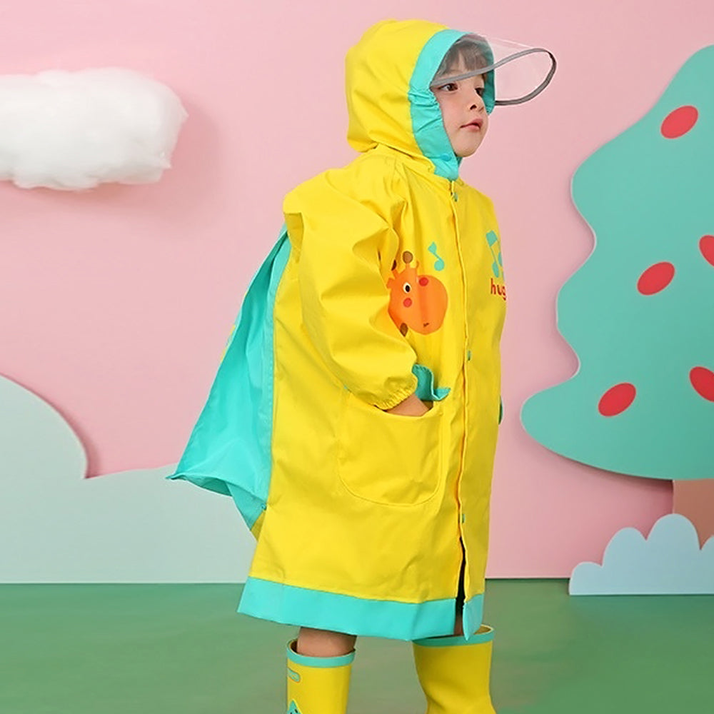 Singing Giraffe Yellow, Mint Knee Length Raincoat For Kids