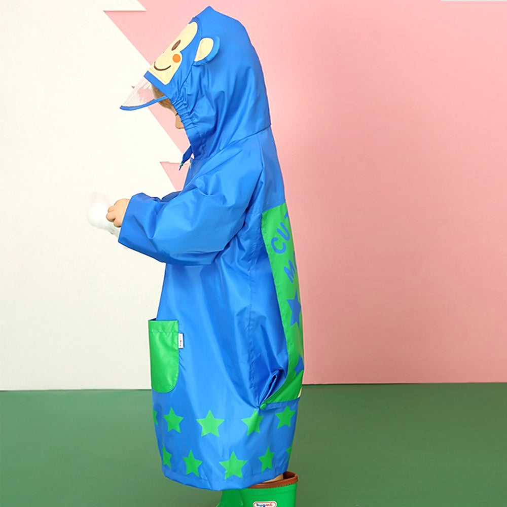 Starry Monkey Cobalt Blue Long Style Raincoat For Kids